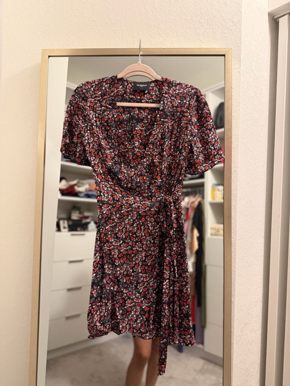The Kooples Black Floral Wrap Mini Dress with Red Accents